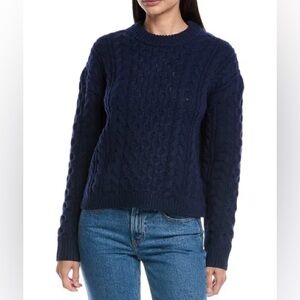 Theory Aran Knit Crewneck Sweater Felted Wool Cashmere Navy Blue NWT Size Large